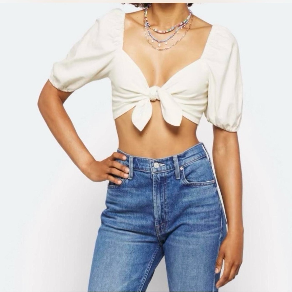 NWT WAYF Linen Indie Crop Top Puff Sleeve Smocked Medium Ivory Boho Festival